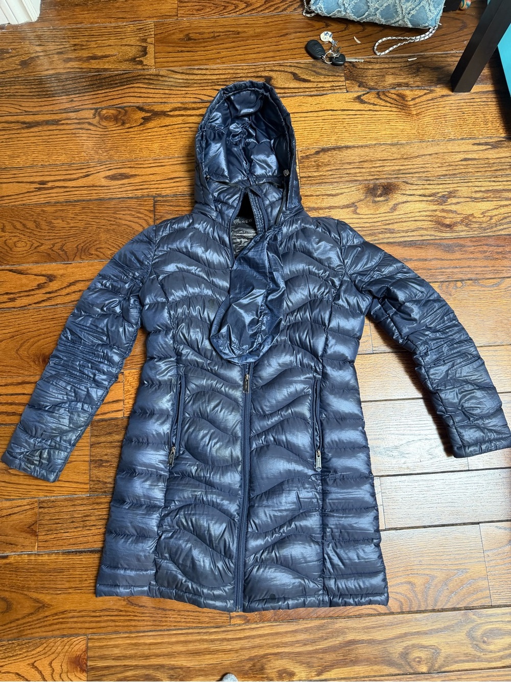 Andrew Marc Navy Quilted Hooded Long Puffer Coat